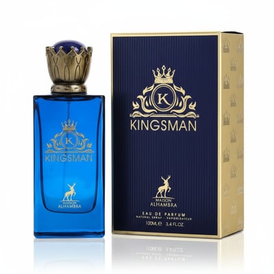 Maison Alhambra Kingsman by Maison Alhambra – 100 ml for Him, a blue glass perfume bottle with a gold crown-like cap and a matching navy blue box with gold accents and a deer emblem.