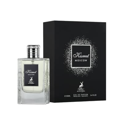 Maison Alhambra Kismet Moscow by Maison Alhambra 100ml EDP — Clear glass perfume bottle with silver ribbed cap and black label, next to a black presentation box with silver glitter accents and brand logo.