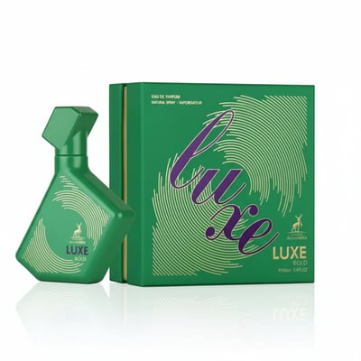 Maison Alhambra Luxe Bold by Maison Alhambra – Green perfume bottle and box with gold accents, featuring the word 'Luxe' in purple script.