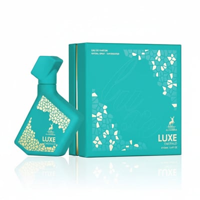 Maison Alhambra Luxe Emerald Perfume Maison Alhambra 100ml Unisex — Teal perfume bottle with gold geometric pattern next to its teal and gold box, both with geometric designs.