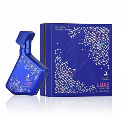Maison Alhambra Luxe Nightlife Unisex 100 ml — Blue perfume bottle with white dotted pattern and gold deer logo, next to its matching blue box with similar pattern and text.