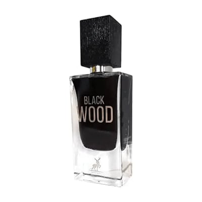 Maison Alhambra Black Wood 60ml by Maison Alhambra EDP for Men — A clear glass perfume bottle with a black cap and black liquid inside, featuring 'BLACK WOOD' text and a deer logo at the base.