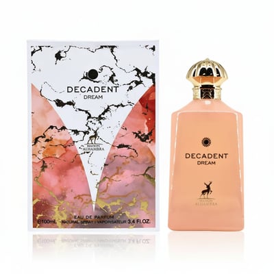 Maison Alhambra Decadent Dream — Eau de Parfum 100ml bottle and its marble-patterned box with pink and gold accents, set against a white background.