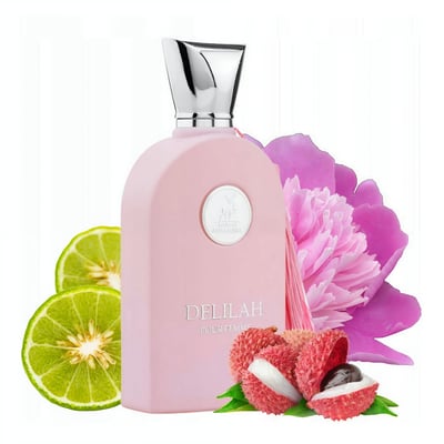 Maison Alhambra Delilah Pour Femme EDP 100ml – Women’s Perfume bottle with pink tassel, bergamot slices, lychee fruit, and a pink peony flower