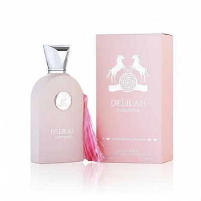 Maison Alhambra Delilah Pour Femme EDP 100ml – Pink perfume bottle with a silver cap and pink tassel, next to its matching pink box with horse emblem.
