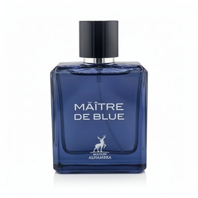 Maison Alhambra Maitre De Blue by Maison Alhambra 100ml for Men — A blue glass perfume bottle with a black cap, featuring white text and a deer logo.