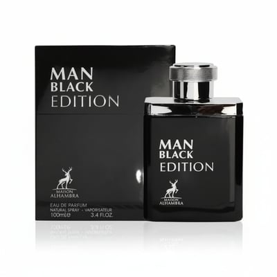 Maison Alhambra Man Black Edition — Black perfume box and bottle with silver cap, featuring a deer logo and text.
