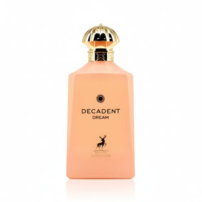 Maison Alhambra Decadent Dream — A peach-colored rectangular perfume bottle with a gold ornate cap, featuring black text 'DECADENT DREAM' and a deer silhouette logo.