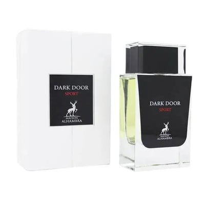 Maison Alhambra Dark Door Sport Men 100ml EDP — White box and clear glass perfume bottle with black label and silver deer logo.