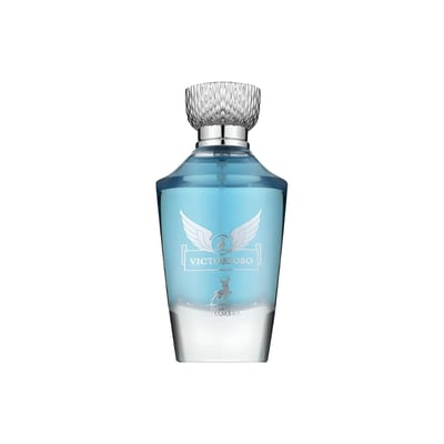 Maison Alhambra Victorioso Legend by Maison Alhambra 100 ml for Men — A clear glass perfume bottle with blue liquid, featuring a silver winged emblem and deer graphic, topped with a textured silver cap.