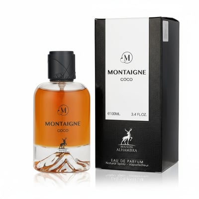 Maison Alhambra Montaigne Coco EDP — Clear glass perfume bottle with amber liquid, black cap, and box with white panel and deer logo.