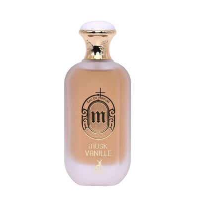 Maison Alhambra Musk Vanille by Maison Alhambra 100ml EDP — Frosted glass bottle with gold cap and ornate black and gold label featuring an 'm' logo, cross, and deer emblem.