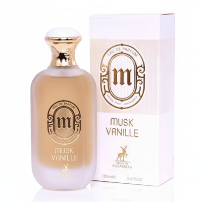 Maison Alhambra Musk Vanille Eau de Parfum — Frosted glass bottle with gold cap and emblem, next to its white and gold patterned box with deer logo.