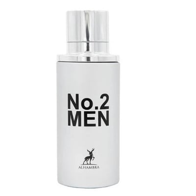Maison Alhambra No.2 Men by Maison Alhambra 80ml EDP — White bottle with silver cap, featuring black text 'No.2 MEN' and a deer silhouette logo with 'ALHAMBRA' below.