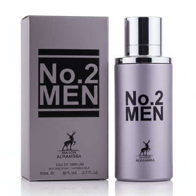 Maison Alhambra No.2 Men by Maison Alhambra 80ml EDP — Silver spray bottle and matching grey box with black text and deer logo, isolated on white.
