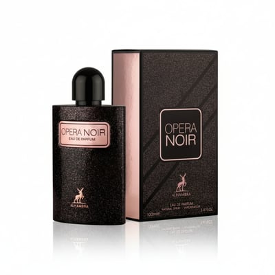 Maison Alhambra Opera Noir by Maison Alhambra 100ml EDP — Black glittery perfume bottle with a pink label and a black cap, next to its matching black and pink box, on a white reflective surface.