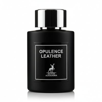 Maison Alhambra Opulence Leather — Black perfume bottle with a silver cap and a black label featuring a deer logo and "OPULENCE LEATHER" text.