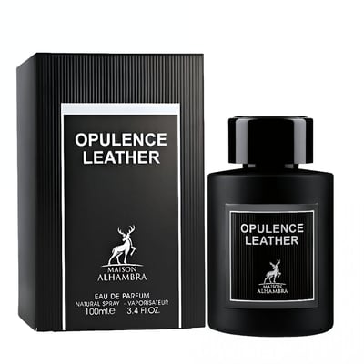 Maison Alhambra Opulence Leather — Black ribbed box and black perfume bottle with white label, featuring a deer logo.