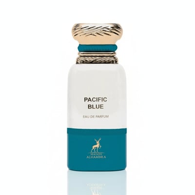 Maison Alhambra Pacific Blue — White and teal perfume bottle with gold cap, featuring 'PACIFIC BLUE' and 'EAU DE PARFUM' text, and a deer logo.