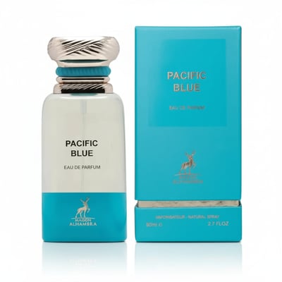 Maison Alhambra Pacific Blue — A clear glass perfume bottle with a white and blue label, featuring a gold and turquoise cap, stands next to its matching blue box with gold deer emblem.