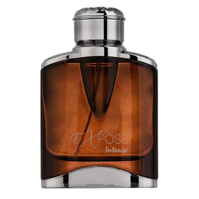 Maison Alhambra Expose Intense by Maison Alhambra – 100 ml for Men, amber glass bottle with silver cap and accents, featuring 'Expose Intense' text.