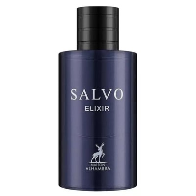 Maison Alhambra Salvo Elixir — Dark blue perfume bottle with a black cap, featuring white text 'SALVO ELIXIR' and a silver deer logo with 'MAISON ALHAMBRA' below.