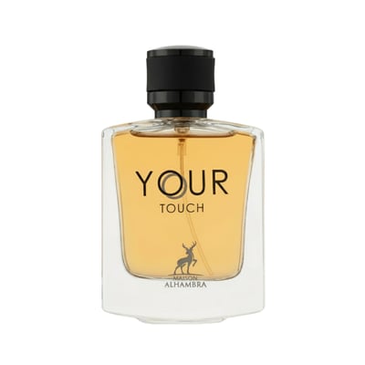 Maison Alhambra Your Touch Man – Clear glass perfume bottle with amber liquid, black cap, and deer logo with 'MAISON ALHAMBRA' text.