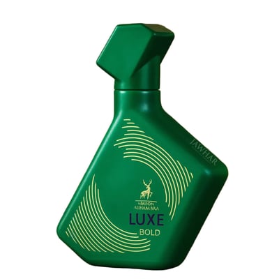 Maison Alhambra Luxe Bold by Maison Alhambra – Green geometric perfume bottle with gold accents and a deer logo, isolated on a white background.