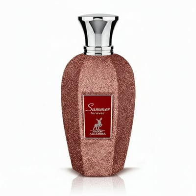 Maison Alhambra Summer Forever by Maison Alhambra 100ml EDP — Rose gold glitter textured perfume bottle with a silver cap and a red label featuring a deer silhouette.
