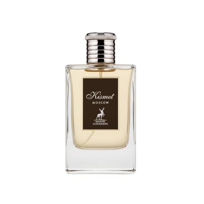 Maison Alhambra Kismet Moscow by Maison Alhambra 100ml EDP — Clear glass perfume bottle with a silver ribbed cap and a dark brown label featuring a deer silhouette and gold text.