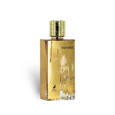 Maison Alhambra Renee Carmine EDP 100 ml — A rectangular gold-foiled perfume bottle with a textured finish and a fluted gold cap, set against a white background.