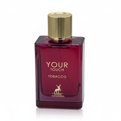 Maison Alhambra Tobacco Your Touch — Rectangular glass perfume bottle in deep red, with a gold ribbed cap. Features gold text 'YOUR TOUCH TOBACCO' and a deer logo.
