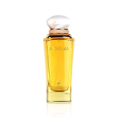 Maison Alhambra Athena Eau de Parfum 100 ml Ville Femme — A tall, clear glass perfume bottle with golden liquid, featuring the name 'ATHENA' and a deer logo, topped with a pearl-like cap and gold accents.