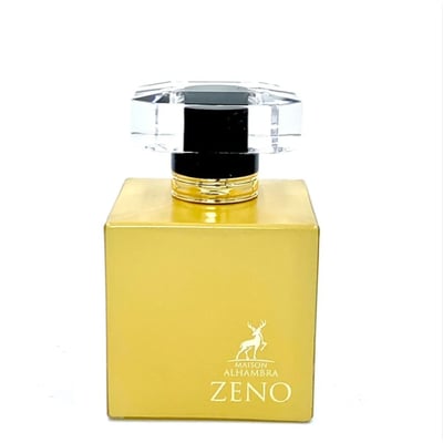 Maison Alhambra Zeno by Maison Alhambra – 100 ml for Women, a golden square bottle with a clear faceted cap and gold accents, featuring a deer silhouette logo.