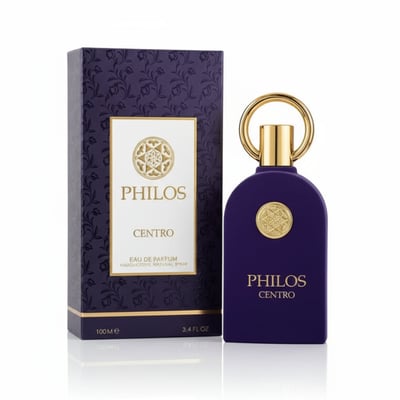 Maison Alhambra Philos Centro — A purple perfume bottle with a gold ring cap and a gold emblem, placed next to its matching purple patterned box with a white label.