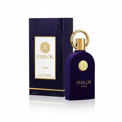 Maison Alhambra Philos Pura by Maison Alhambra 100ml EDP Man — Dark purple velvet perfume bottle with gold accents and matching box, set against a white background.