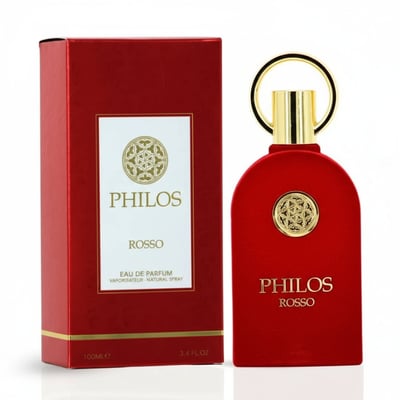 Maison Alhambra Philos Rosso 100ml EDP — Red velvet-textured perfume bottle with gold accents and a matching red box, presented on a white background.