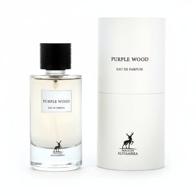 Maison Alhambra Purple Wood – A clear glass perfume bottle with a black cap and a white label, next to a white cylindrical box with the product name and a deer logo.