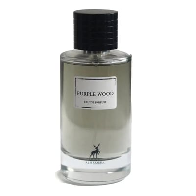 Maison Alhambra Purple Wood by Maison Alhambra – 100 ml Unisex Eau de Parfum, clear glass bottle with black ribbed cap and white label featuring deer logo.