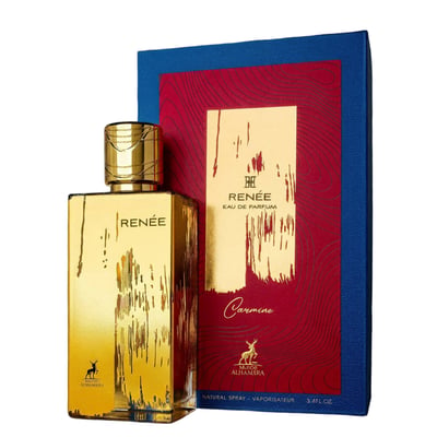 Maison Alhambra Renee Carmine EDP — Gold perfume bottle and red and blue box with gold accents, featuring the brand logo and product name.