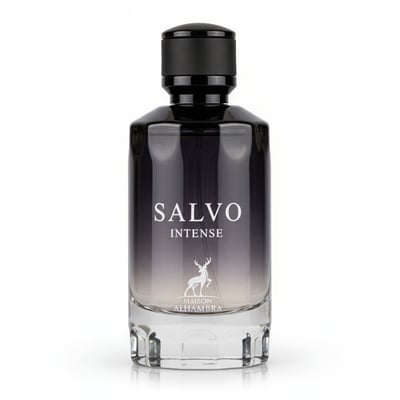 Maison Alhambra Salvo Intense by Maison Alhambra — A clear glass perfume bottle with a dark gradient, black cap, and white text and deer logo.