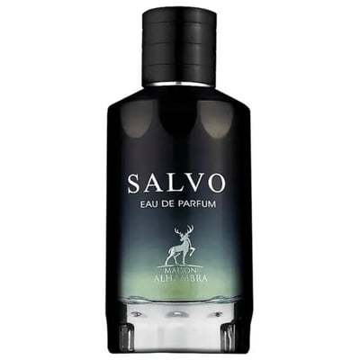 Maison Alhambra Salvo by Maison Alhambra For Him 100ml — Black gradient bottle with white text 'SALVO EAU DE PARFUM' and a silver deer silhouette above 'MAISON ALHAMBRA'