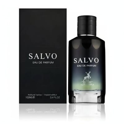 Maison Alhambra Salvo by Maison Alhambra For Him 100ml — Black box and dark glass perfume bottle with deer logo and silver cap, displayed together with reflection