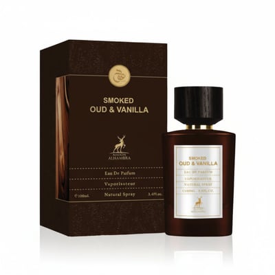 Maison Alhambra Smoked Oud & Vanilla — A brown box with gold accents and a matching perfume bottle with a black cap and gold trim, set against a white background.