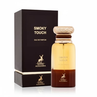 Maison Alhambra Smoky Touch by Maison Alhambra 80ml EDP — A dark brown and gold glass perfume bottle with a textured gold cap, standing next to its matching dark brown box with gold deer logo.