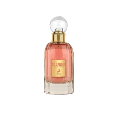 Maison Alhambra So Candid by Maison Alhambra 100 ml EDP — Pink perfume in a fluted glass bottle with a gold label featuring a deer silhouette and a clear spherical cap.