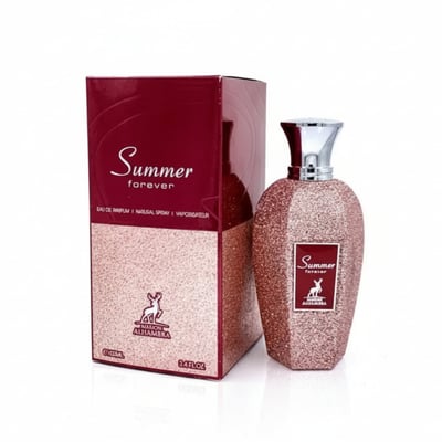 Maison Alhambra Summer Forever by Maison Alhambra 100ml EDP — A glittery rose gold faceted perfume bottle next to its matching burgundy and rose gold box, both featuring the 'Summer Forever' branding and a deer logo.