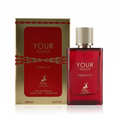 Maison Alhambra Tobacco Your Touch – Red glass perfume bottle and matching gold and red box with deer emblem, 100ml.