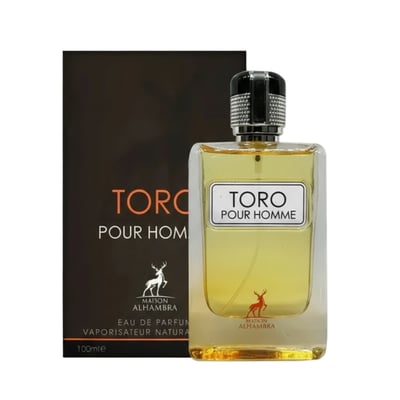 Maison Alhambra Toro Pour Homme — Clear glass perfume bottle with yellow liquid, silver textured cap, and a black box with orange text and a deer logo.