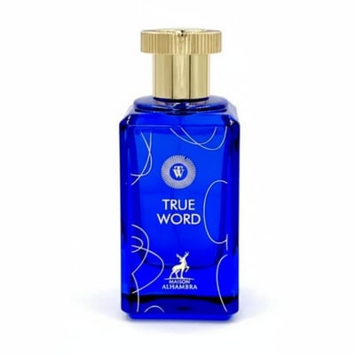 Maison Alhambra True Word by Maison Alhambra 100ml EDP — A rectangular blue glass perfume bottle with a gold cap, featuring white line art and the brand logo.